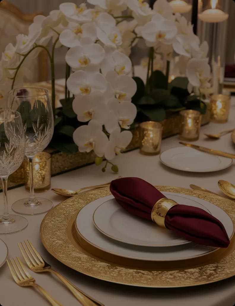 Luxury table setting with orchids and gold placeware