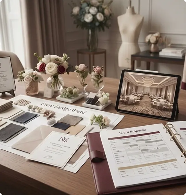 Luxury event stationery and floral arrangements